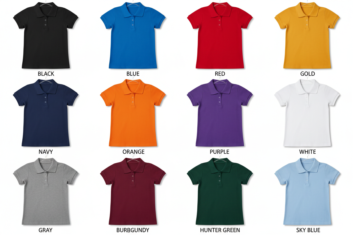 Girl's Short Sleeve Collar Shirt available in 12 colors: Black, Blue, Red, Gold, Navy, Orange, Purple, White, Gray, Burgundy, Hunter Green, Sky Blue